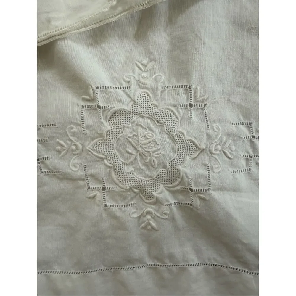 2 Vintage Queen Size Pillowcases Tonal Embroidered Floral Hemstitch Edge